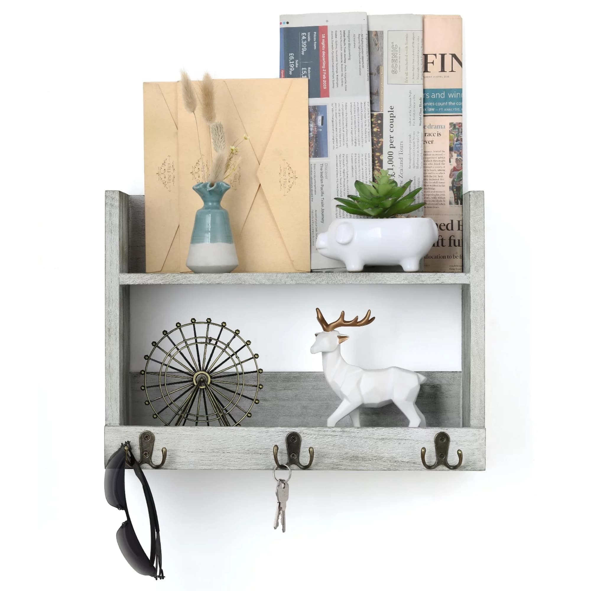 Rustic Wood Floating Storage Shelf with 3 Hooks